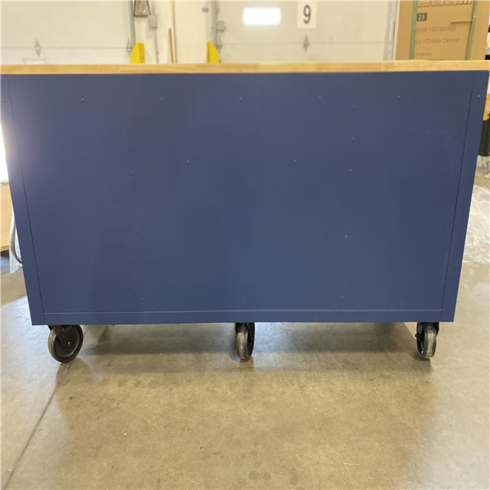 DALLAS LOCATION - Husky Tool Storage 72 in. W Heavy Duty Matte Blue Mobile Workbench Cabinet Adjustable Height Solid Wood Top