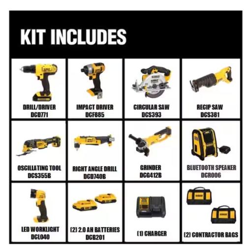 NEW! - DEWALT 20V MAX Cordless 9 Tool Combo Kit with (2) 20V 2.0Ah Batteries and Charger