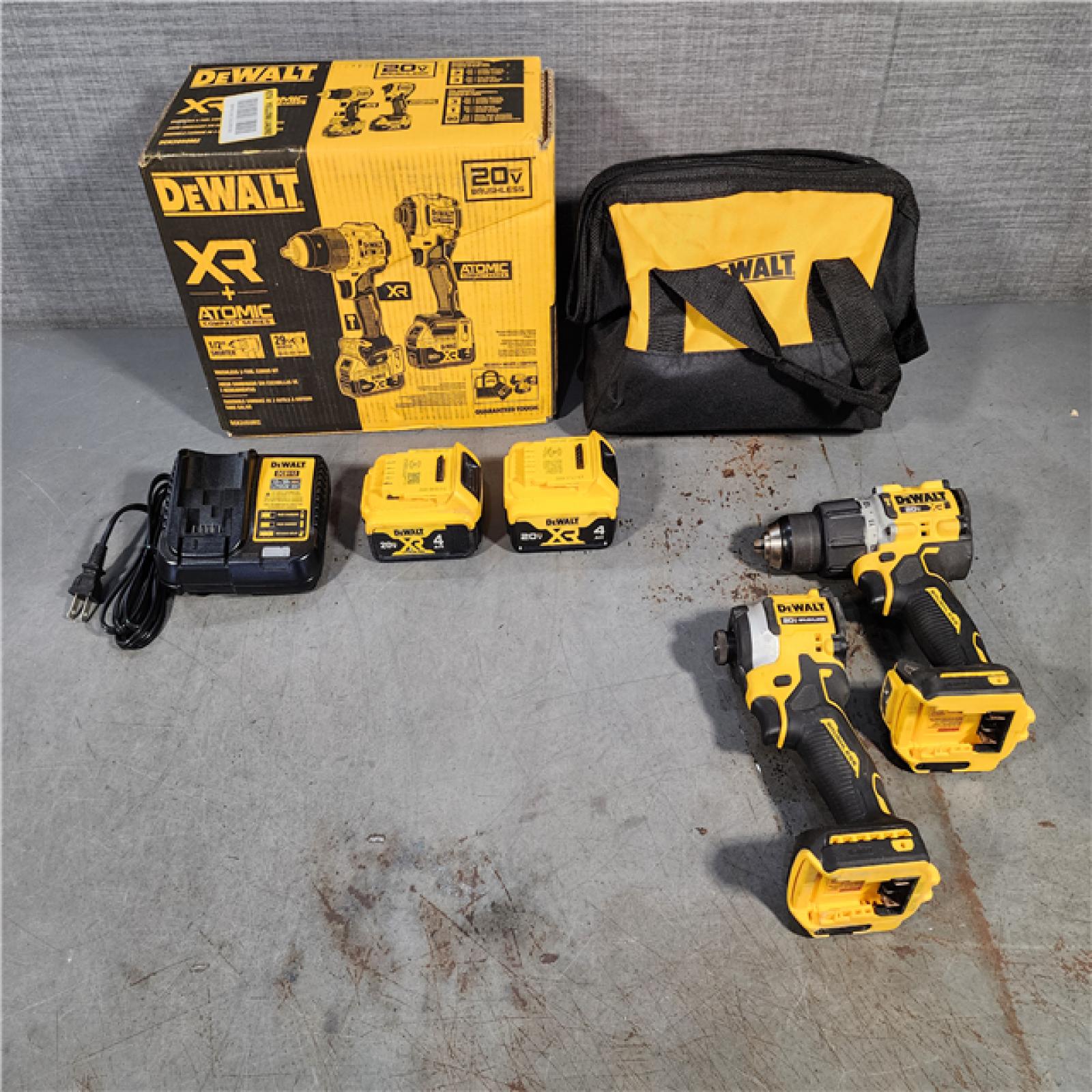 HOUSTON LOCATION - AS-IS DEWALT 20V MAX XR Hammer Drill and ATOMIC Impact Driver 2 Tool Cordless Combo Kit with (2) 4.0Ah Batteries, Charger, and Bag