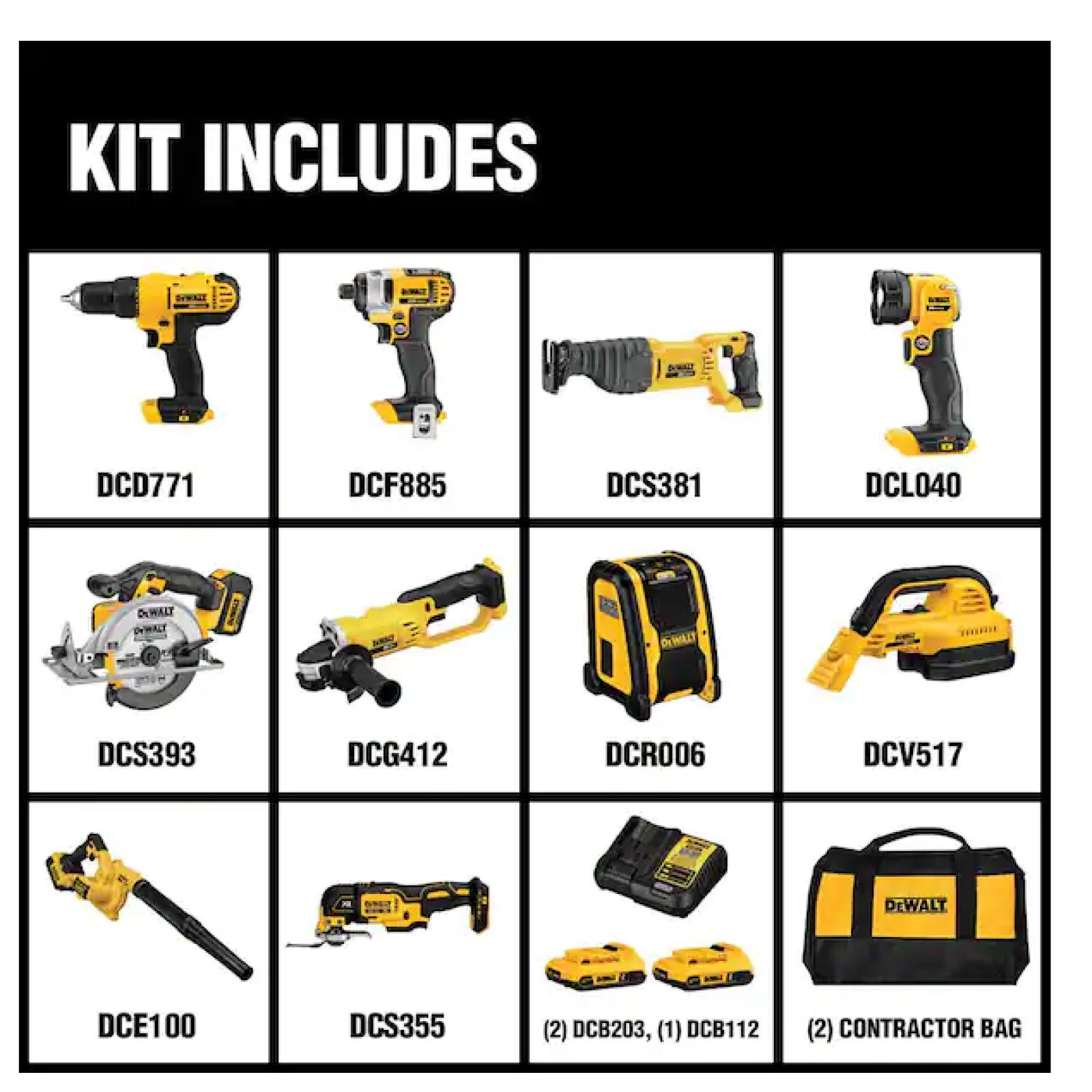 NEW! - DEWALT 20V MAX Cordless 10 Tool Combo Kit with (2) 20V 2.0Ah Batteries, Charger, and Bag