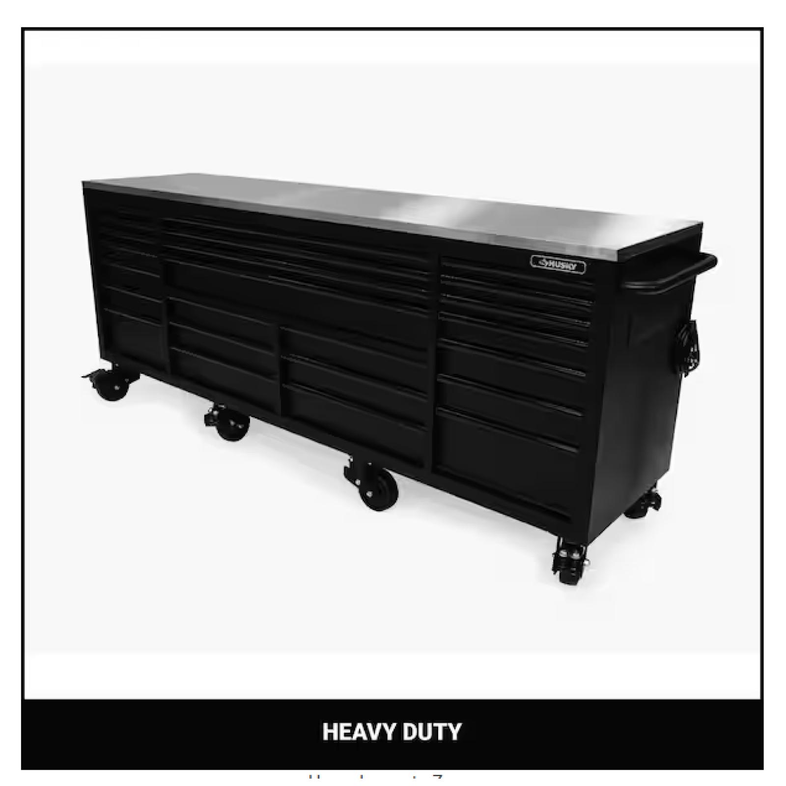 DALLAS LOCATION - Husky Tool Storage Heavy Duty 96 in. W x 24 in. D Matte Black Mobile Workbench Cabinet with Stainless Steel Top