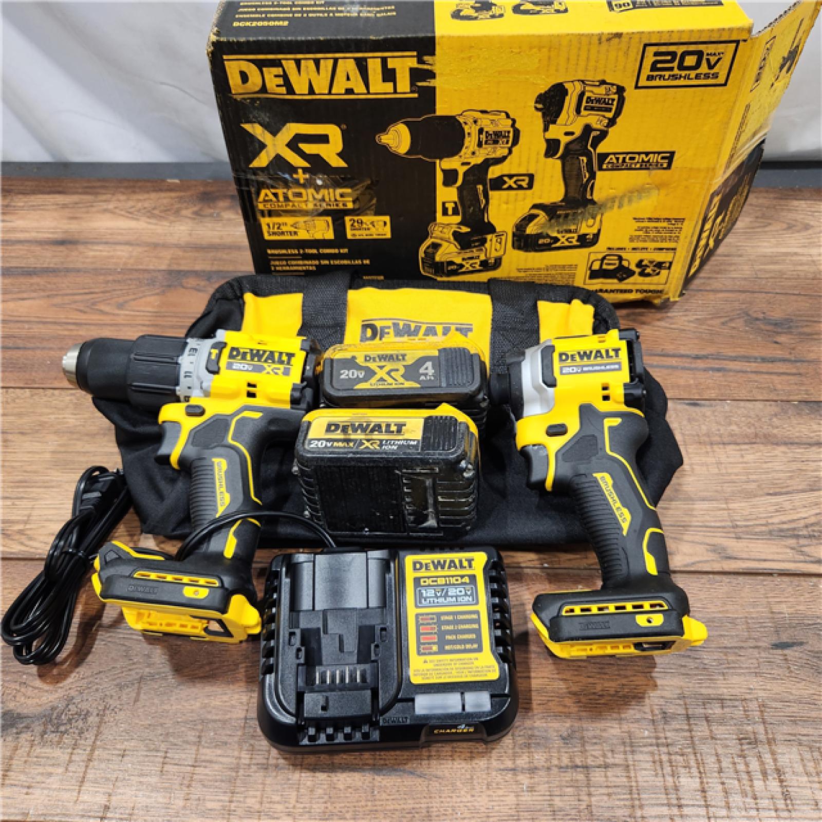 AS-IS 20V MAX XR Hammer Drill and ATOMIC Impact Driver 2 Tool Cordless Combo Kit with (2) 4.0Ah Batteries, Charger, and Bag