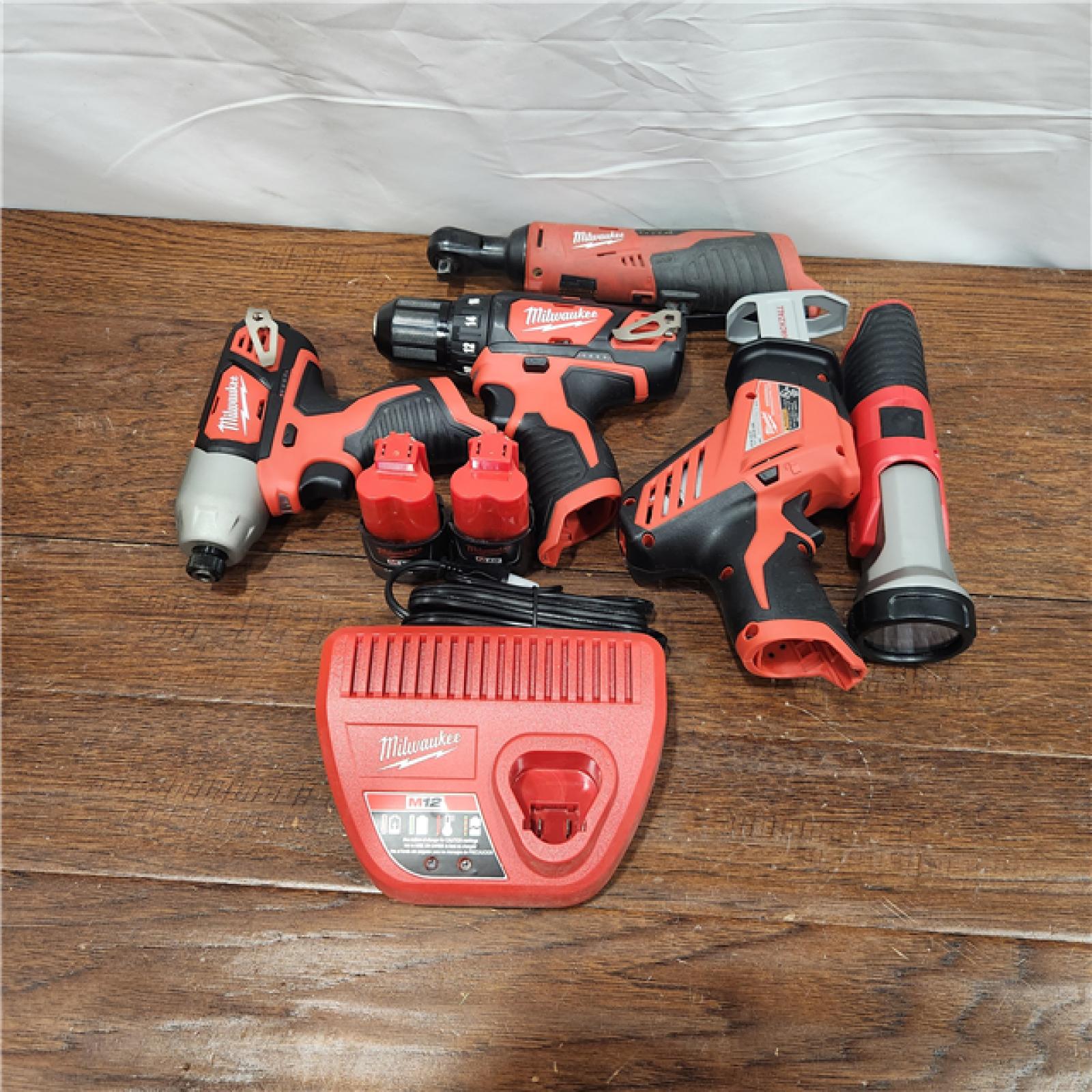 AS-IS M12 12V Lithium-Ion Cordless Combo Kit (5-Tool) with Two 1.5 Ah Batteries, Charger and Tool Bag