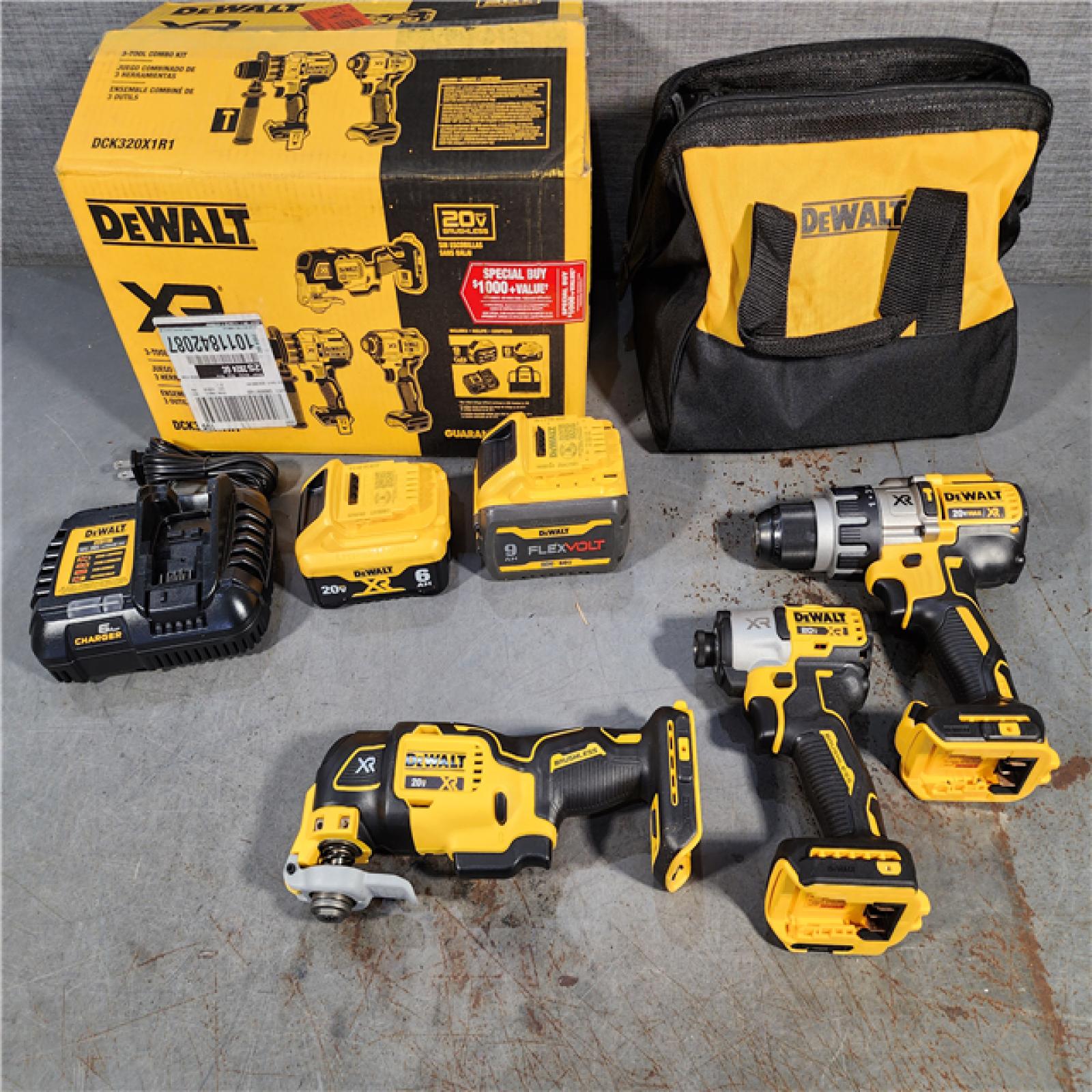 HOUSTON LOCATION - AS-IS (APPEARS LIKE NEW) DEWALT 20-Volt Lithium-Ion Cordless 3-Tool Combo Kit with FLEXVOLT 9 Ah and 20V 6 Ah Batteries and Charger