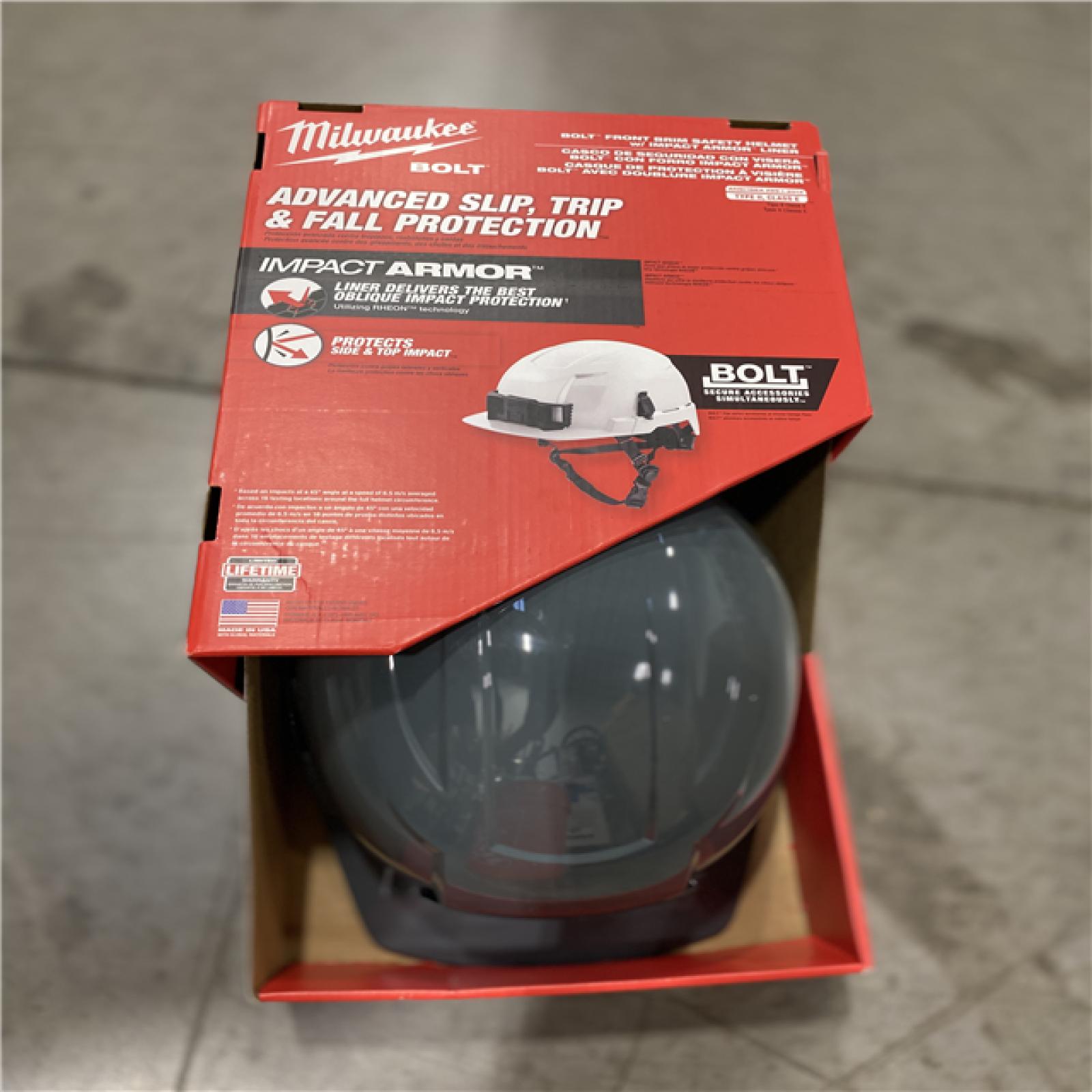 NEW! - Milwaukee BOLT White Type 2 Class E Front Brim Non-Vented Safety Helmet with IMPACT-ARMOR Liner -(8 UNITS)