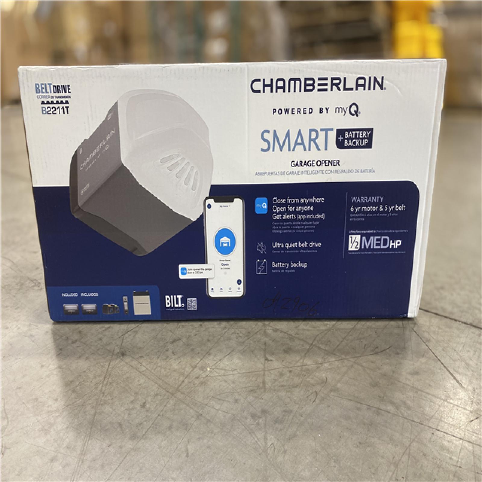 NEW! - Chamberlain B2211T 1/2 HP Smart Quiet Belt Drive Garage Door Opener with Battery Backup