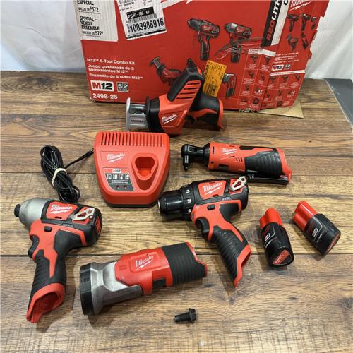 AS-IS MILWAUKEE M12 12V Lithium-Ion Cordless Combo Kit (5-Tool) with Two 1.5Ah Batteries, Charger & Tool Bag