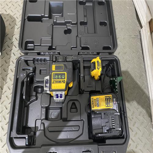 Houston location AS-IS DEWALT 12V MAX Lithium-Ion 100 Ft. Green Self-Leveling 3-Beam 360 Degree Laser Level with 2.0Ah Battery, Charger and Case