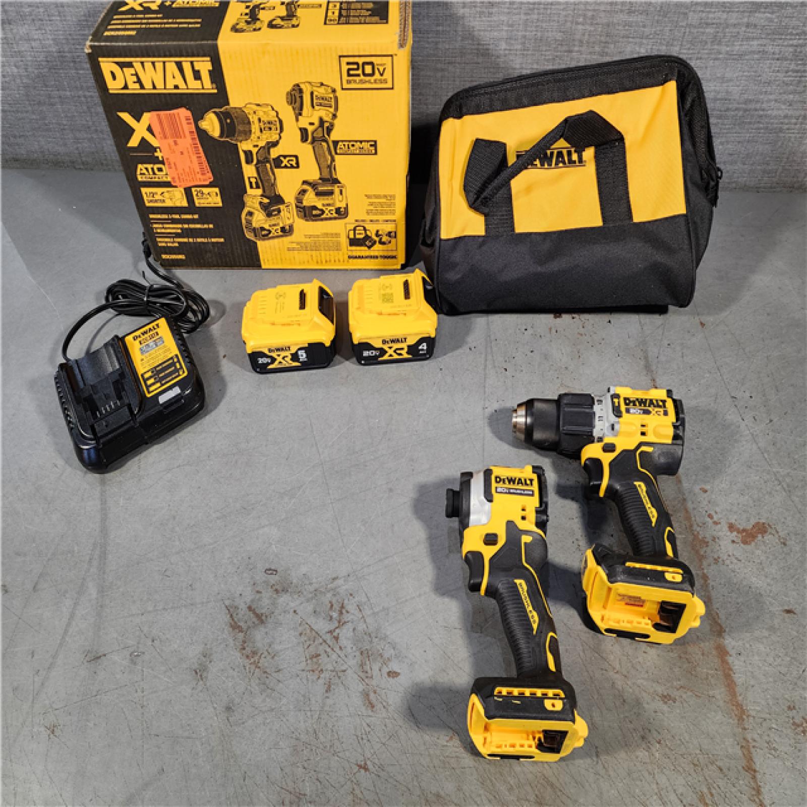 HOUSTON LOCATION - AS-IS DEWALT 20V MAX XR Hammer Drill and ATOMIC Impact Driver 2 Tool Cordless Combo Kit with (2) 4.0Ah Batteries, Charger, and Bag