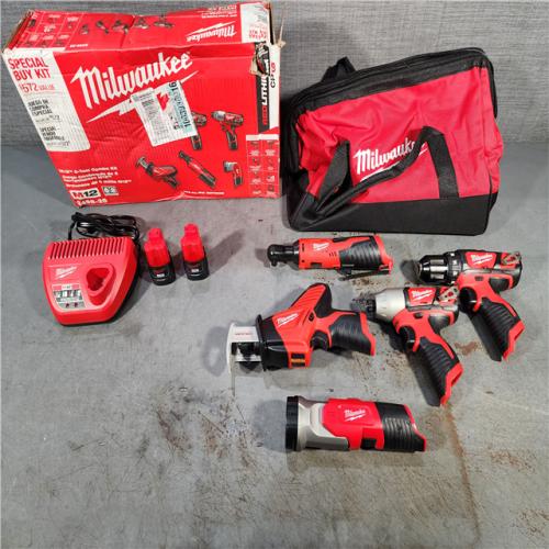 HOUSTON LOCATION - AS-IS (APPEARS LIKE NEW) MILWAUKEE M12 12V Lithium-Ion Cordless Combo Kit (5-Tool) with Two 1.5Ah Batteries, Charger & Tool Bag