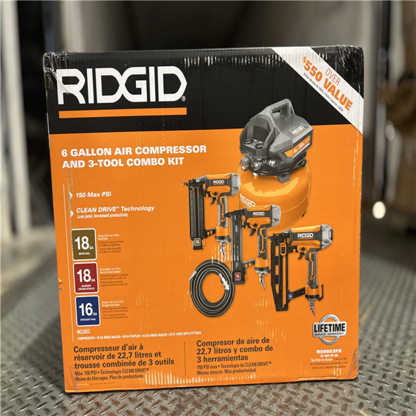 NEW! - RIDGID 6 Gal. Portable Electric Pancake Air Compressor w/ 18GA Brad Nailer, 16GA Straight Finish Nailer, & 18GA Finish Stapler