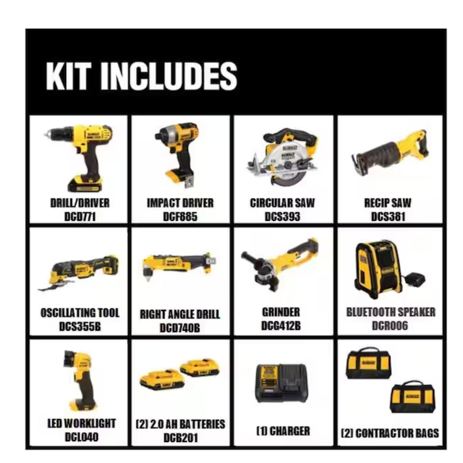 NEW! - DEWALT 20V MAX Cordless 9 Tool Combo Kit with (2) 20V 2.0Ah Batteries and Charger