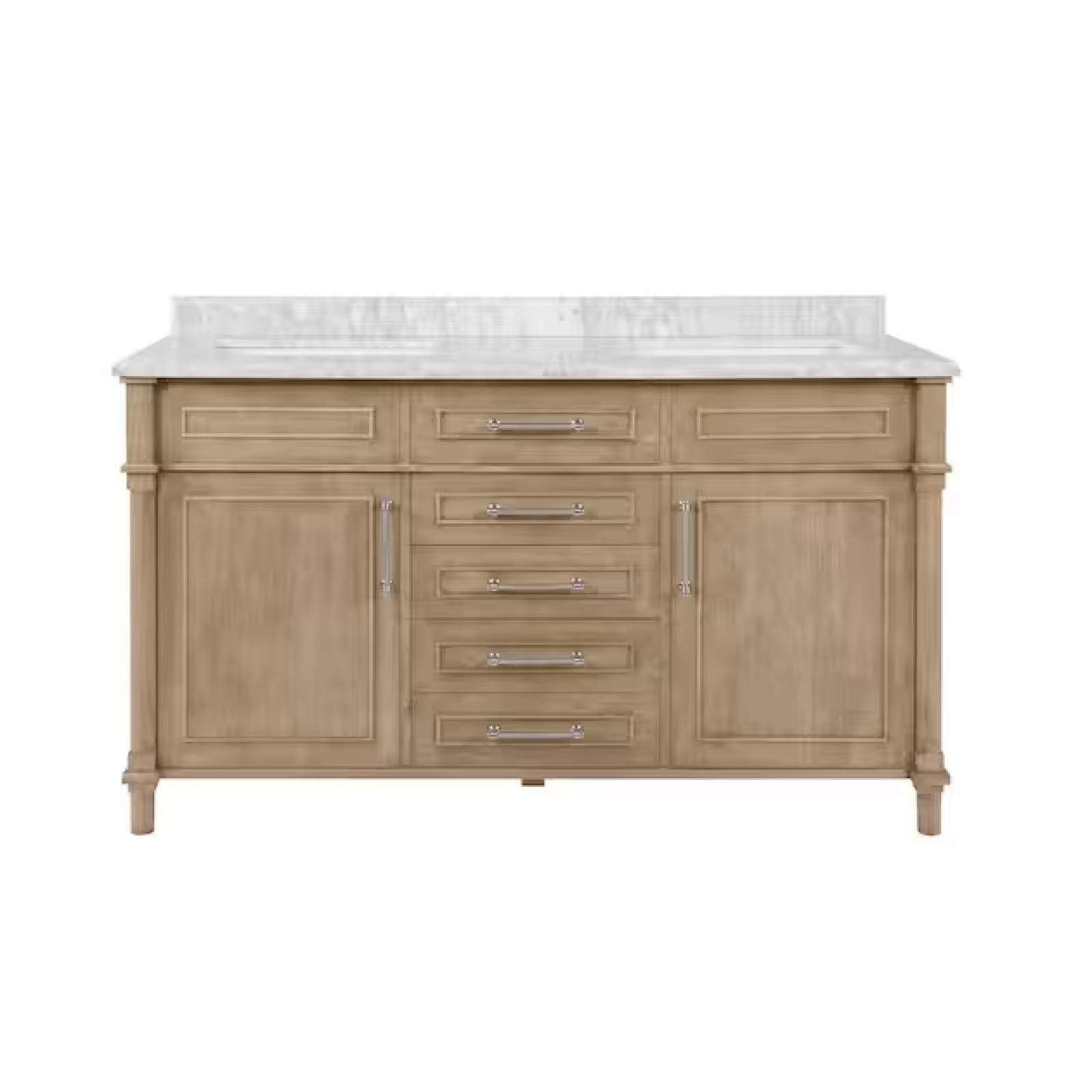 DALLAS LOCATION - Home Decorators Collection Aberdeen 60 in. Double Sink Antique Oak Bath Vanity