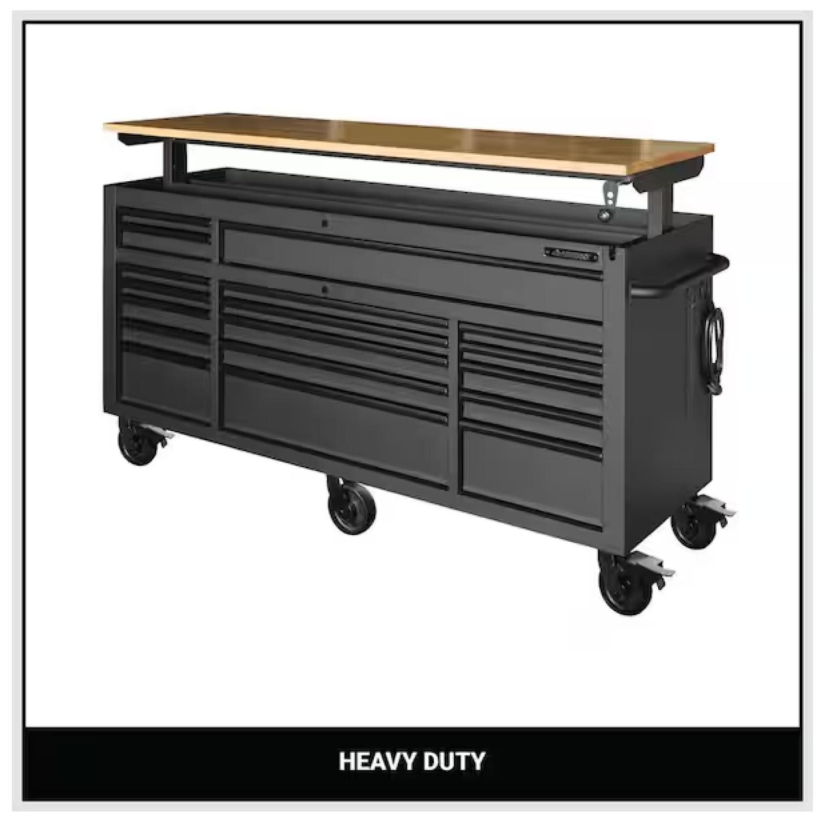 DALLAS LOCATION - Husky 72 in. W x 24 in. D Heavy Duty 18-Drawer Mobile Workbench Cabinet with Adjustable-Height Hardwood Top in Matte Black