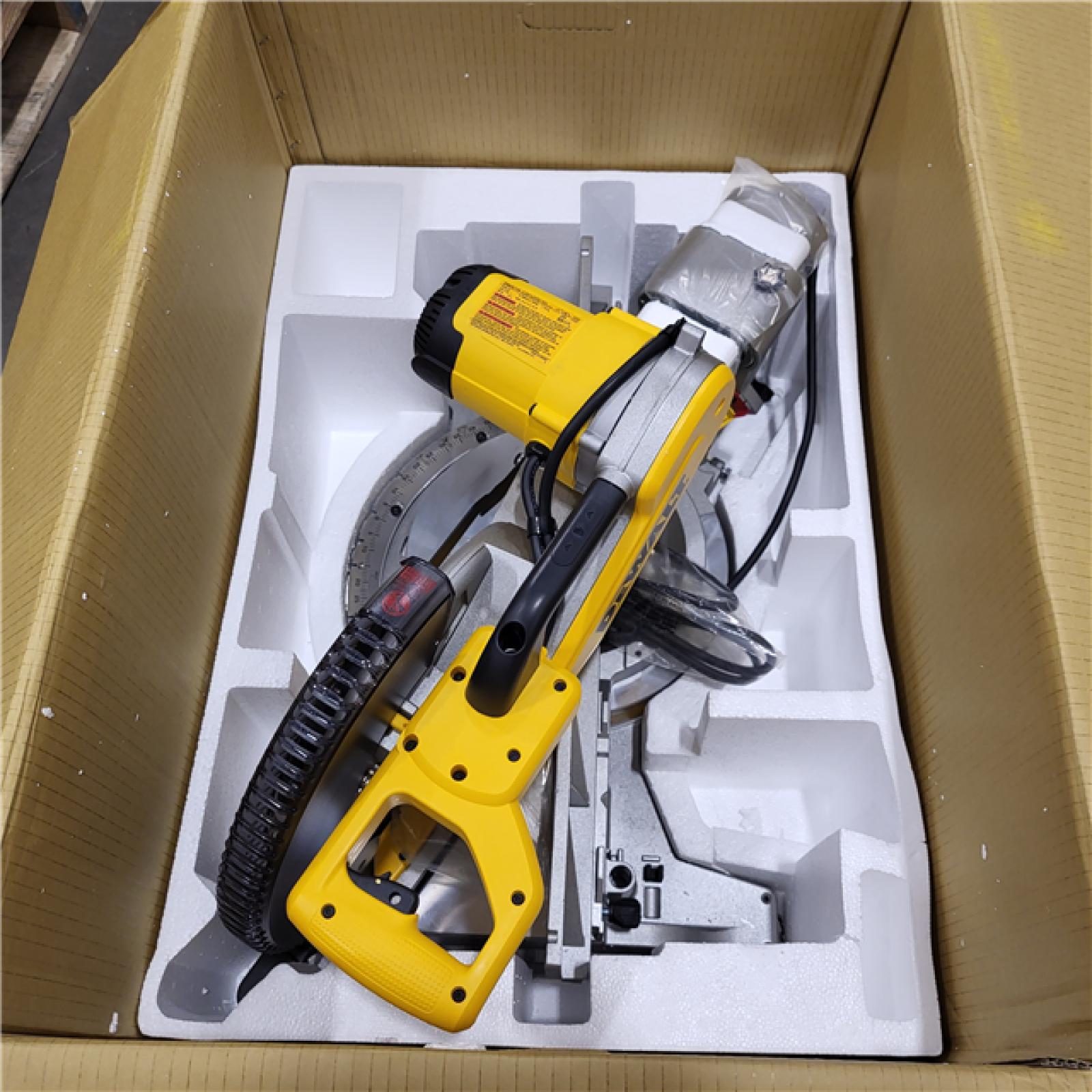 AS-IS DEWALT 15 Amp Corded 12 in. Double Bevel Sliding Compound Miter Saw, Blade Wrench and Material Clamp