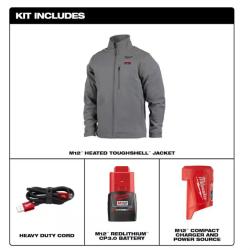 NEW! - Milwaukee Men's X-Large M12 12V Lithium-Ion Cordless TOUGHSHELL Gray Heated Jacket with (1) 3.0 Ah Battery and Charger