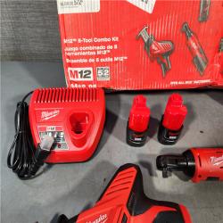 HOUSTON LOCATION - AS-IS (APPEARS LIKE NEW) MILWAUKEE M12 12V Lithium-Ion Cordless Combo Kit (5-Tool) with Two 1.5Ah Batteries, Charger & Tool Bag