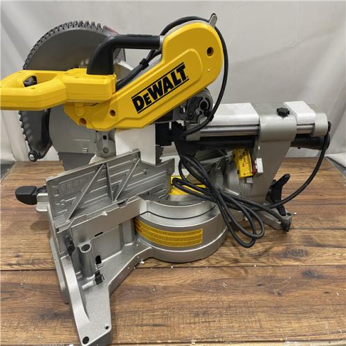 AS IS DEWALT 15 Amp Corded 12 in. Double Bevel Sliding Compound Miter Saw, Blade Wrench and Material Clamp