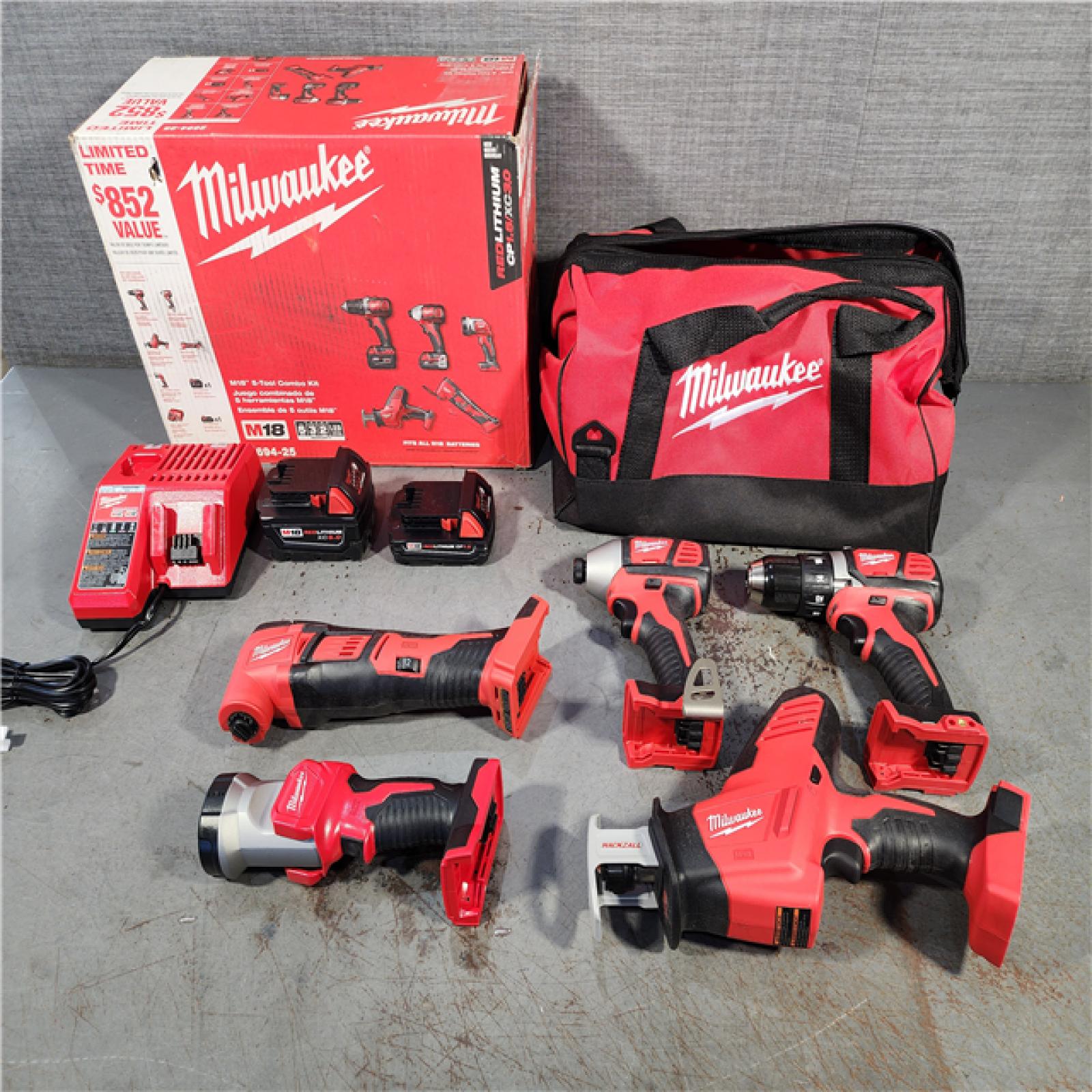 HOUSTON LOCATION - AS-IS M18 18V Lithium-Ion Cordless Combo Kit (5-Tool) with (2) Batteries, Charger and Tool Bag