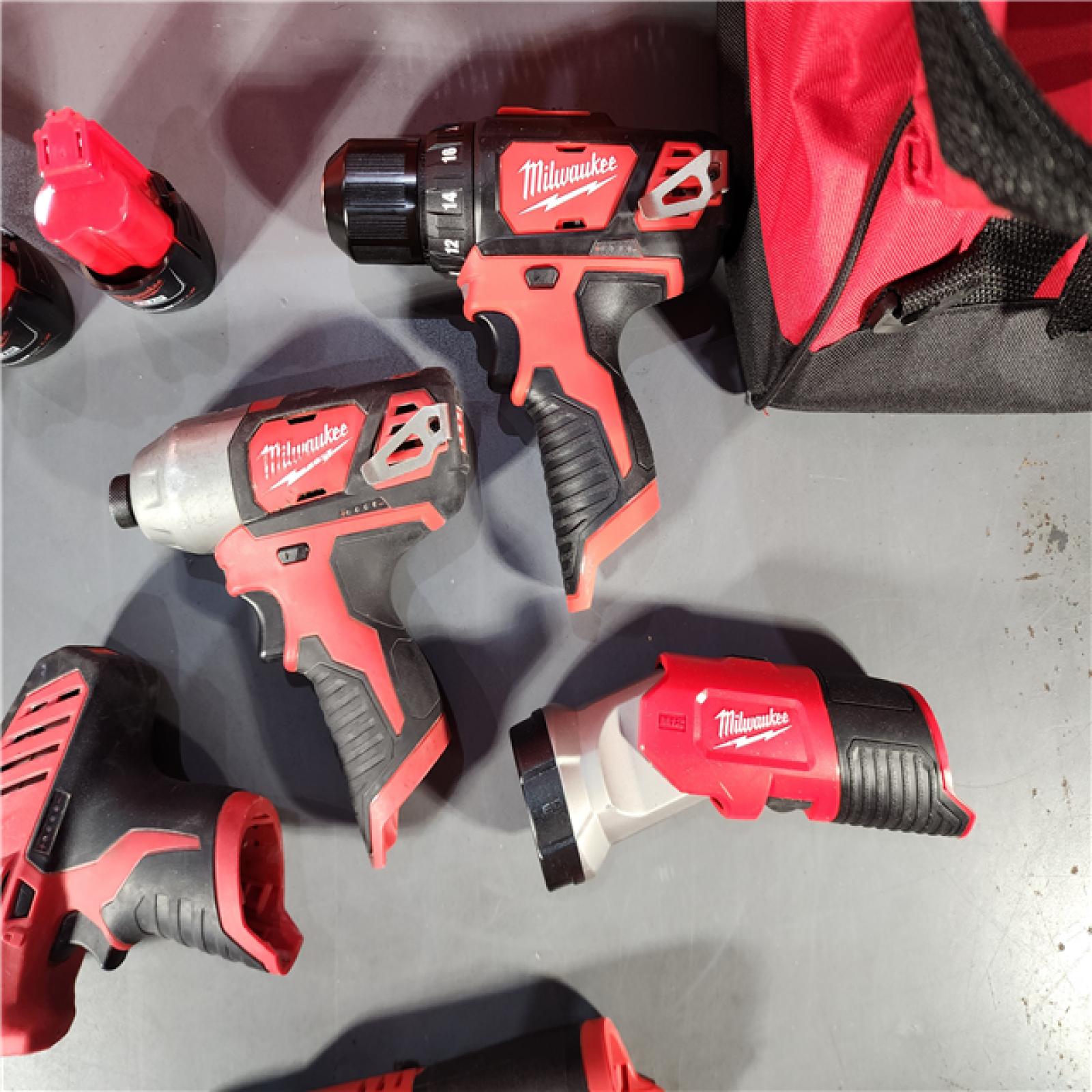 HOUSTON LOCATION - AS-IS MILWAUKEE M12 12V Lithium-Ion Cordless Combo Kit (5-Tool) with Two 1.5Ah Batteries, Charger & Tool Bag