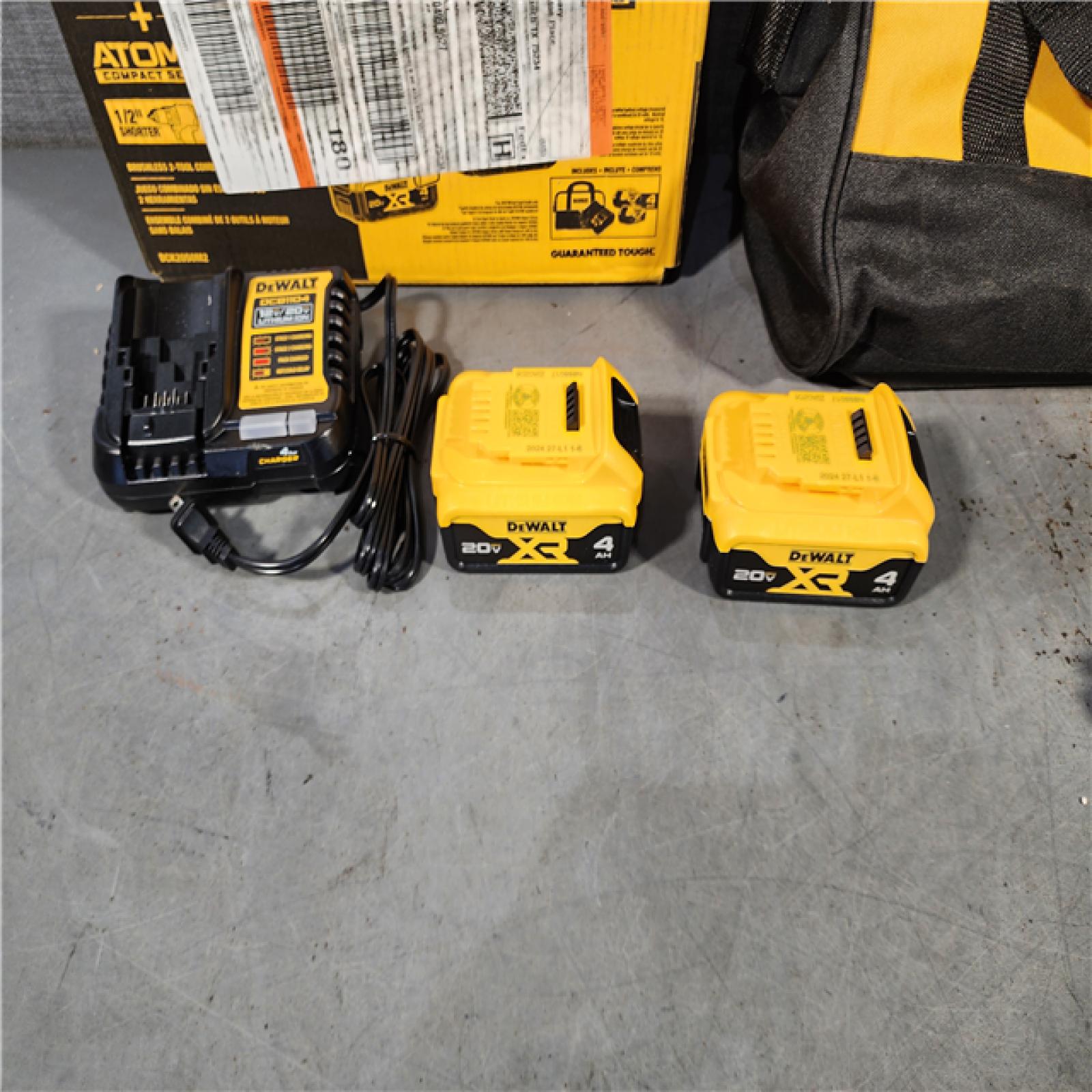 HOUSTON LOCATION - AS-IS (APPEARS LIKE NEW) DEWALT 20V MAX XR Hammer Drill and ATOMIC Impact Driver 2 Tool Cordless Combo Kit with (2) 4.0Ah Batteries, Charger, and Bag