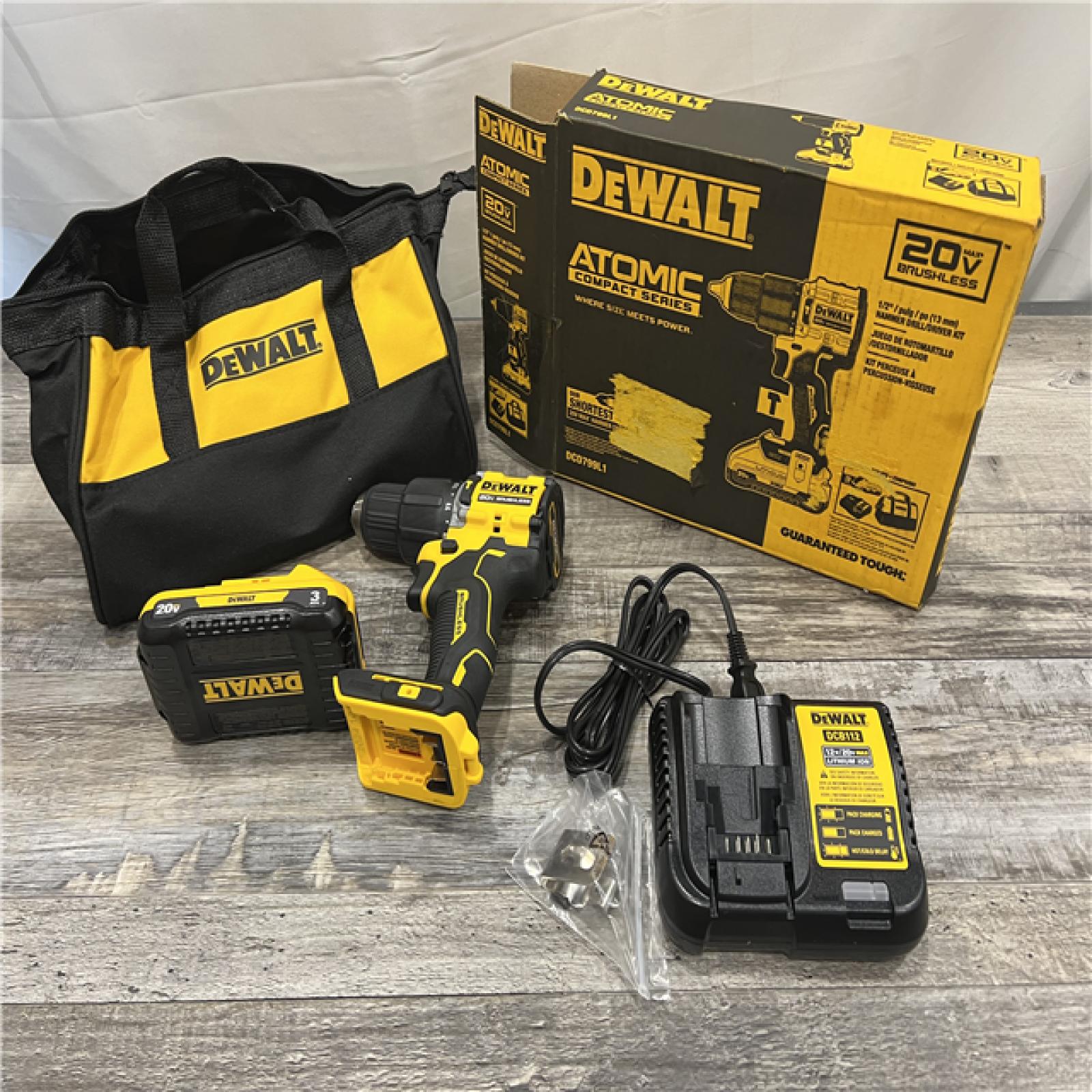 AS-IS DEWALT ATOMIC 20-Volt Lithium-Ion Cordless 1/2 in. Compact Hammer Drill with 3.0Ah Battery, Charger and Bag