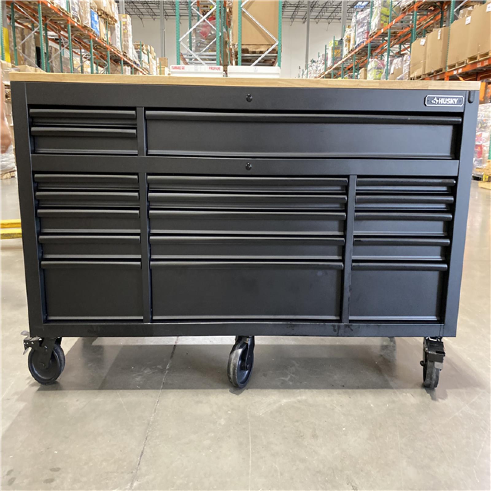 DALLAS LOCATION - Husky 72 in. W x 24 in. D Heavy Duty 18-Drawer Mobile Workbench Cabinet with Adjustable-Height Hardwood Top in Matte Black