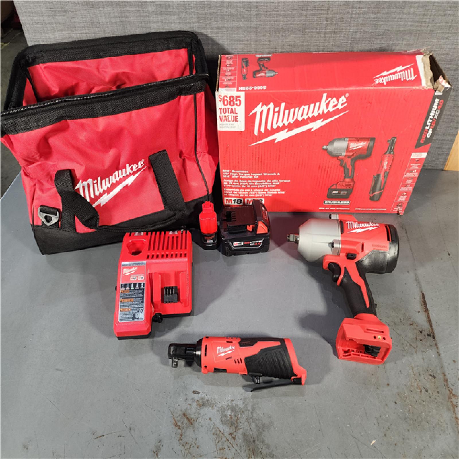 HOUSTON LOCATION - AS-IS (APPEARS LIKE NEW) M12/M18 12/18V Lithium-Ion Cordless 3/8 in. Ratchet and 1/2 in. High Torque Impact Wrench with Friction Ring Combo Kit