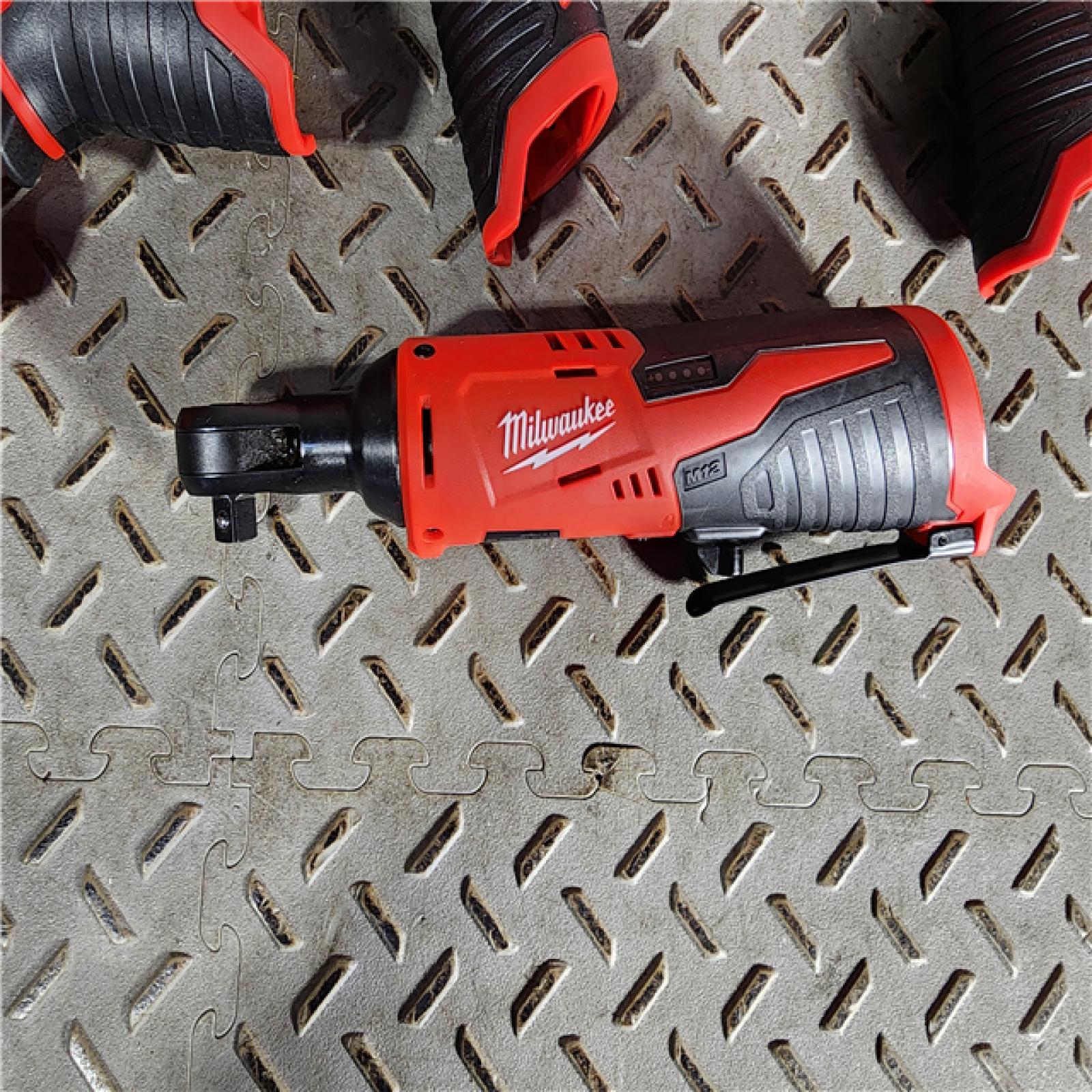 HOUSTON LOCATION - AS-IS MILWAUKEE M12 12V Lithium-Ion Cordless Combo Kit (5-Tool) with Two 1.5Ah Batteries, Charger & Tool Bag