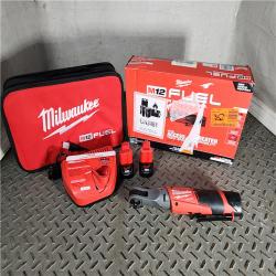 HOUSTON LOCATION - AS-IS (APPEARS LIKE NEW) Milwaukee M12 FUEL 12-Volt Lithium-Ion Brushless Cordless 3/8 in. Ratchet Kit with (2) 2.0Ah Batteries, Charger & Tool Bag