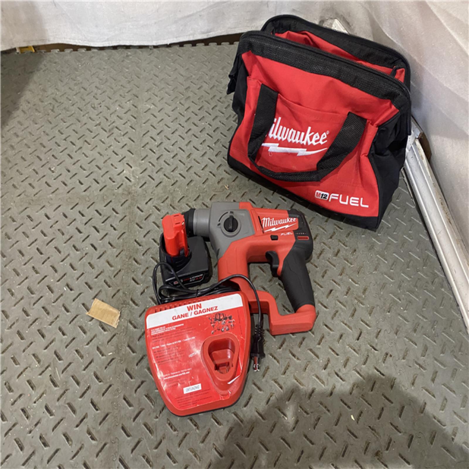 Houston location AS-IS MILWAUKEE M12 FUEL 12V Lithium-Ion Brushless Cordless 5/8 in. SDS-Plus Rotary Hammer Kit with One 4.0Ah Battery and Bag