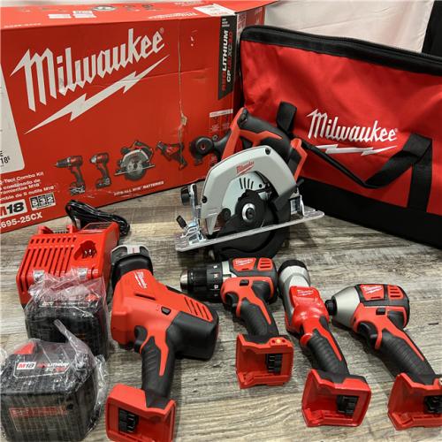 AS-IS MILWAUKEE M18 18V Lithium-Ion Cordless Combo Kit (5-Tool) with (1) 3.0Ah and (1) 1.5Ah Battery, (1) Charger, (1) Tool Bag