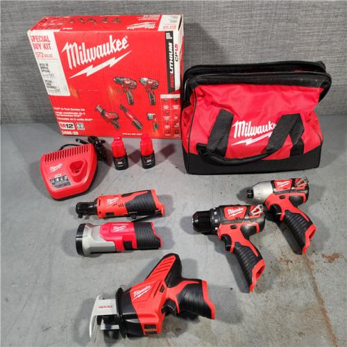 HOUSTON LOCATION - AS-IS (APPEARS LIKE NEW) MILWAUKEE M12 12V Lithium-Ion Cordless Combo Kit (5-Tool) with Two 1.5Ah Batteries, Charger & Tool Bag