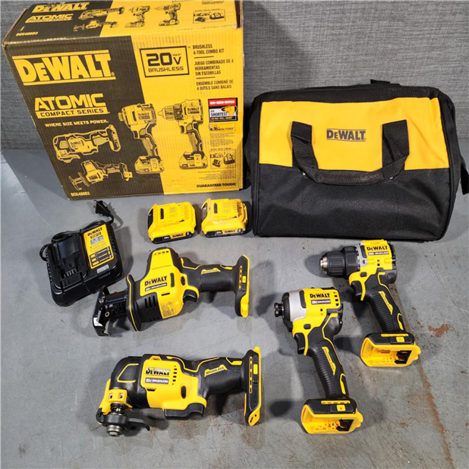 HOUSTON LOCATION - AS-IS DeWalt 20V MAX ATOMIC Cordless Brushless 4 Tool Combo Kit