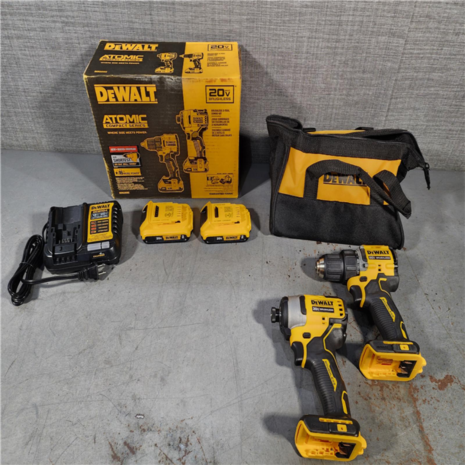 HOUSTON LOCATION - AS-IS DEWALT ATOMIC 20-Volt MAX Lithium-Ion Cordless Combo Kit (2-Tool) with (2) 2.0Ah Batteries, Charger and Bag