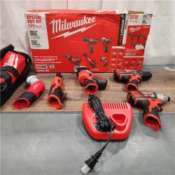 AS IS MILWAUKEE M12 12V Lithium-Ion Cordless Combo Kit (5-Tool) with Two 1.5Ah Batteries, Charger & Tool Bag