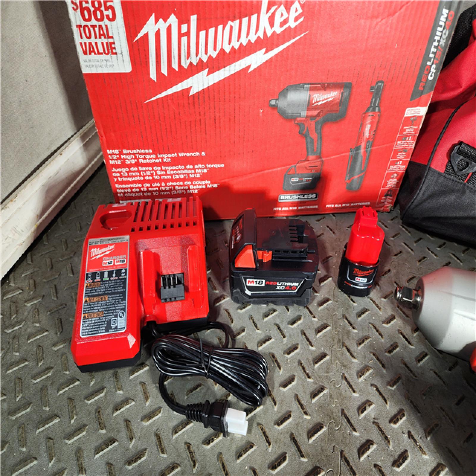 HOUSTON LOCATION - AS-IS M12/M18 12/18V Lithium-Ion Cordless 3/8 in. Ratchet and 1/2 in. High Torque Impact Wrench with Friction Ring Combo Kit