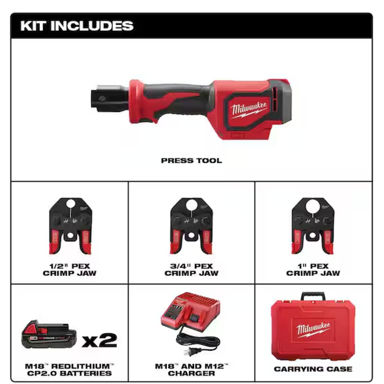 NEW! - Milwaukee M18 18V Lithium-Ion Cordless Short Throw Press Tool Kit with 3 PEX Crimp Jaws (2) 2.0 Ah Batteries and Charger