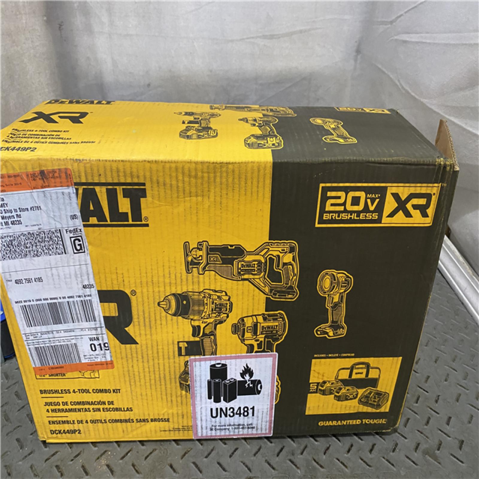 Houston location AS-IS DEWALT 20V Lithium-Ion Cordless Brushless 4 Tool Combo Kit with (2) 5.0Ah Batteries and Charger