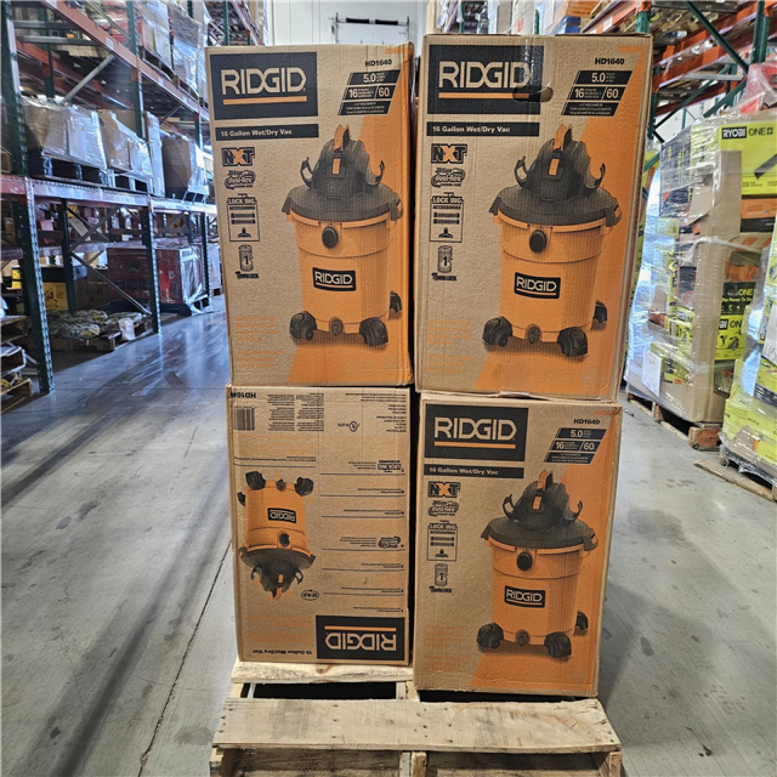 DALLAS LOCATION - RIDGID 16 Gallon 5.0 Peak HP NXT Shop Vac Wet Dry Vacuum with General Debris Filter, Locking Hose and Accessory Attachments PALLET - (8 UNITS)