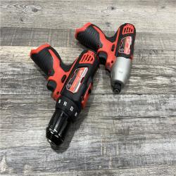 AS-IS Milwaukee 2494-22 M12 Cordless Combination 3/8  Drill / Driver and 1/4  Hex Impact Driver Dual Power Tool Kit (2 Lithium Ion Batteries  Charger  and B