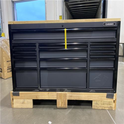 DALLAS LOCATION - Husky 61 in. W x 23 in. D Heavy Duty 15-Drawer Mobile Workbench Tool Chest with Solid Wood Top in Matte Black