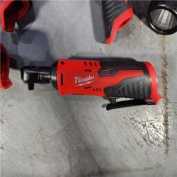 HOUSTON LOCATION - AS-IS MILWAUKEE M12 12V Lithium-Ion Cordless Combo Kit (5-Tool) with Two 1.5Ah Batteries, Charger & Tool Bag