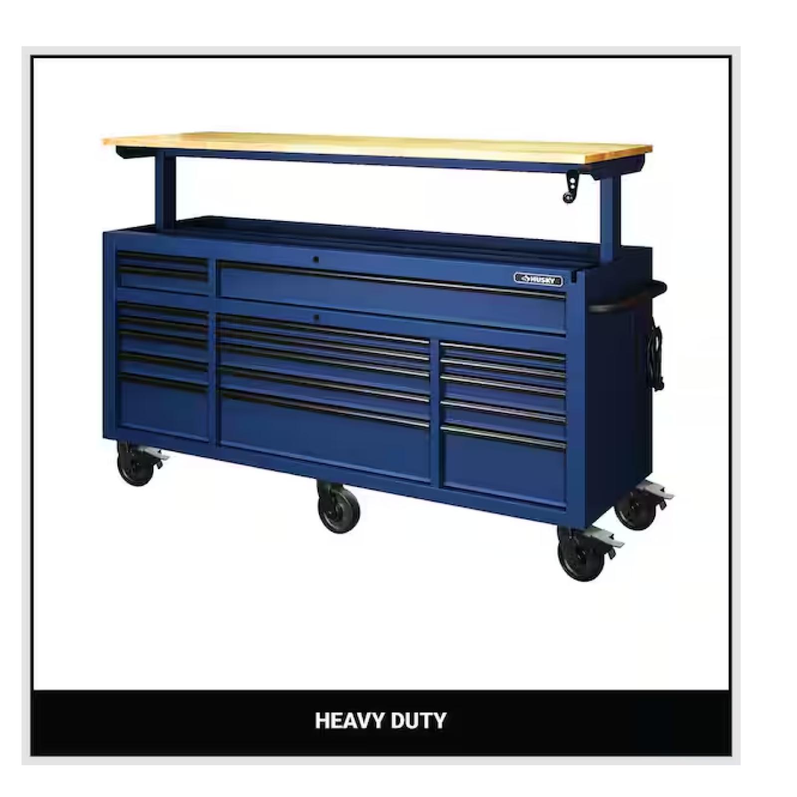 DALLAS LOCATION - Husky Tool Storage 72 in. W Heavy Duty Matte Blue Mobile Workbench Cabinet Adjustable Height Solid Wood Top