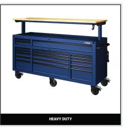 DALLAS LOCATION - Husky Tool Storage 72 in. W Heavy Duty Matte Blue Mobile Workbench Cabinet Adjustable Height Solid Wood Top