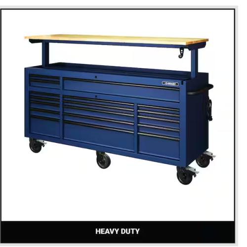 DALLAS LOCATION - Husky Tool Storage 72 in. W Heavy Duty Matte Blue Mobile Workbench Cabinet Adjustable Height Solid Wood Top