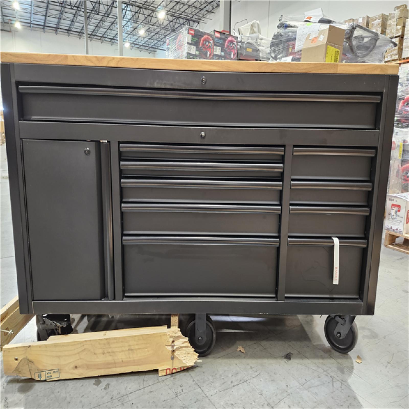 DALLAS LOCATION - Husky 61 in. W x 26 in. D Heavy Duty 10-Drawer 1-Door Mobile Workbench with Hardwood