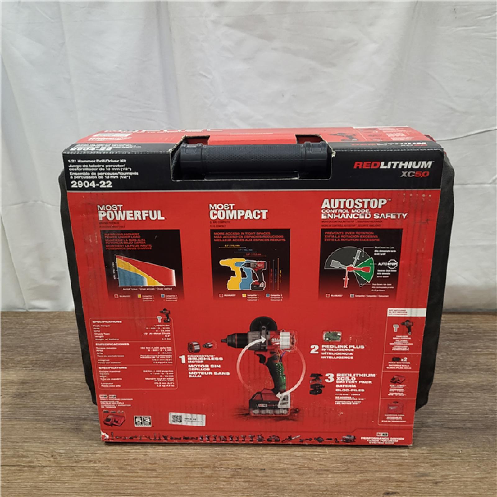 NEW! Milwaukee 2904-22 Hammer Drill Driver Kit with Batteries  Charger & Tool Case  Red