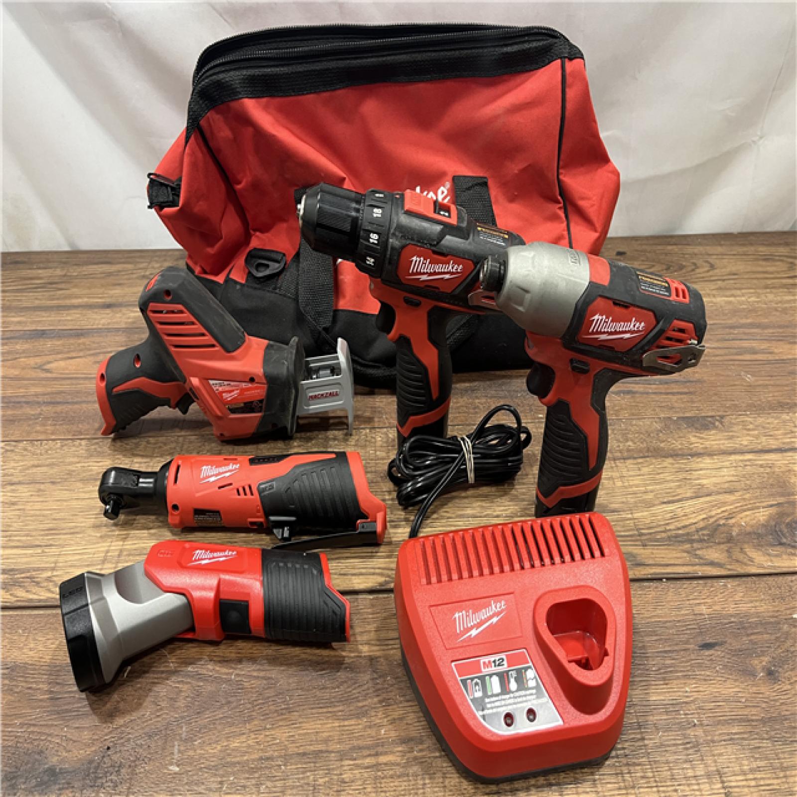 AS IS MILWAUKEE M12 12V Lithium-Ion Cordless Combo Kit (5-Tool) with Two 1.5Ah Batteries, Charger & Tool Bag