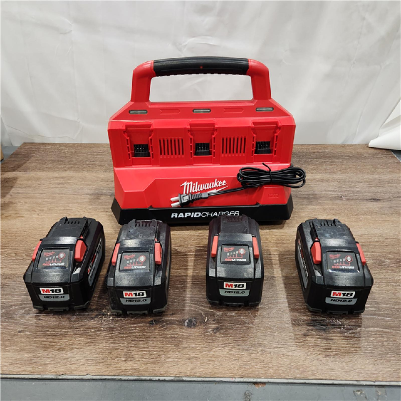 AS-IS Milwaukee M18 18V Lithium-Ion PACKOUT 6-Port Rapid Charger W/ (4) 12Ah HIGH OUTPUT Batteries